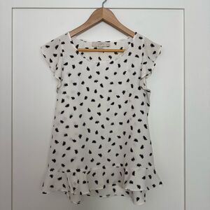 Loft Top Blouse Womens Sz S Petite White Black Print Ruffle Flutter Sleeve